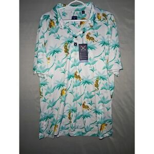 NWT ConStruct Polo Men XL White Aqua Floral Tiger Golf Performance Stretch Blend